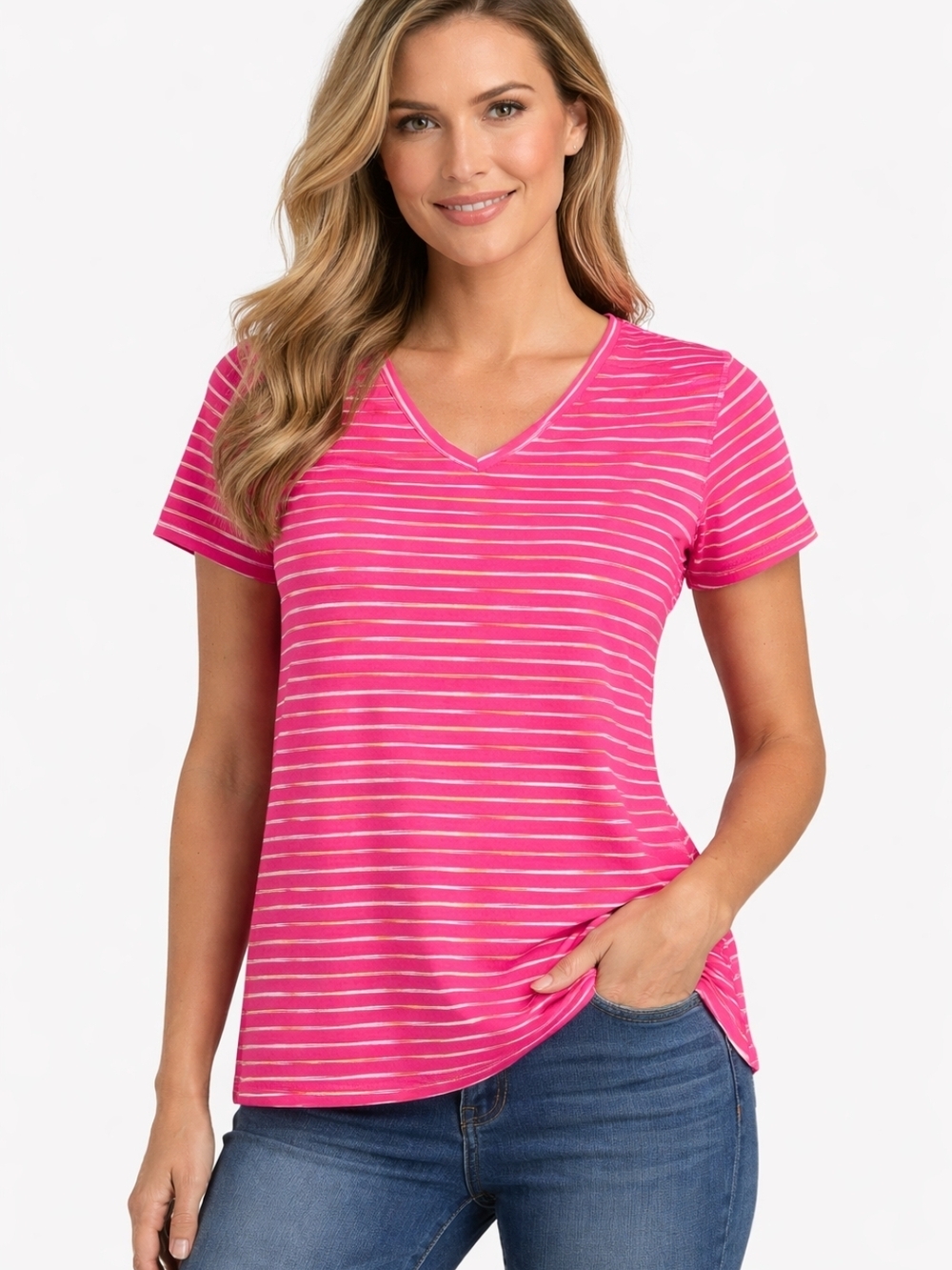Women's Reel Legends Striped V-Neck Short Sleeve Top - Pink (Size :xl)